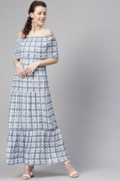 Women's Blue Geo Print Off Shoulder Tiered Maxi