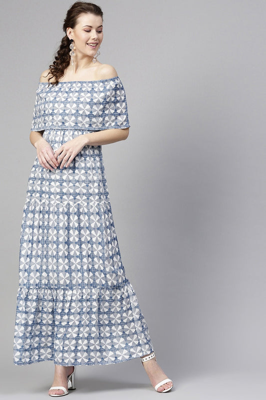 Women's Blue Geo Print Off Shoulder Tiered Maxi