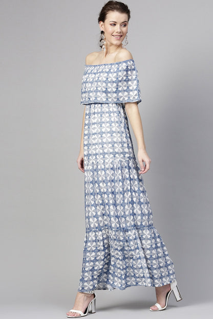 Women's Blue Geo Print Off Shoulder Tiered Maxi