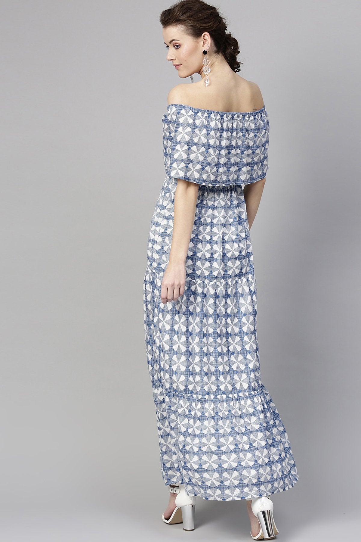 Women's Blue Geo Print Off Shoulder Tiered Maxi