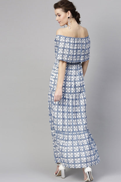 Women's Blue Geo Print Off Shoulder Tiered Maxi