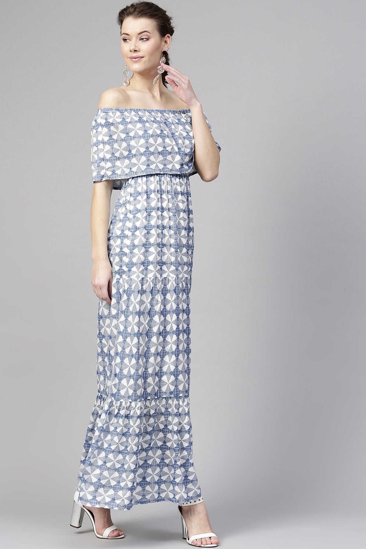 Women's Blue Geo Print Off Shoulder Tiered Maxi