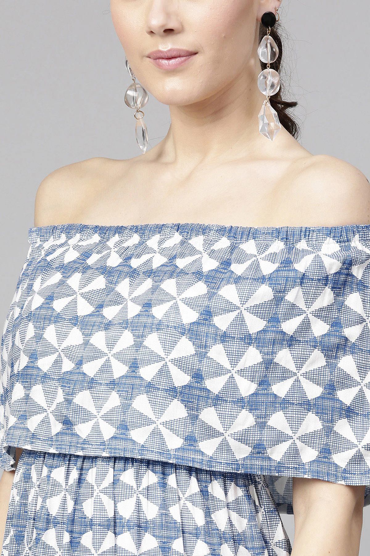 Women's Blue Geo Print Off Shoulder Tiered Maxi