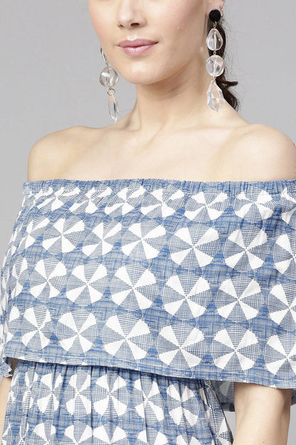 Women's Blue Geo Print Off Shoulder Tiered Maxi