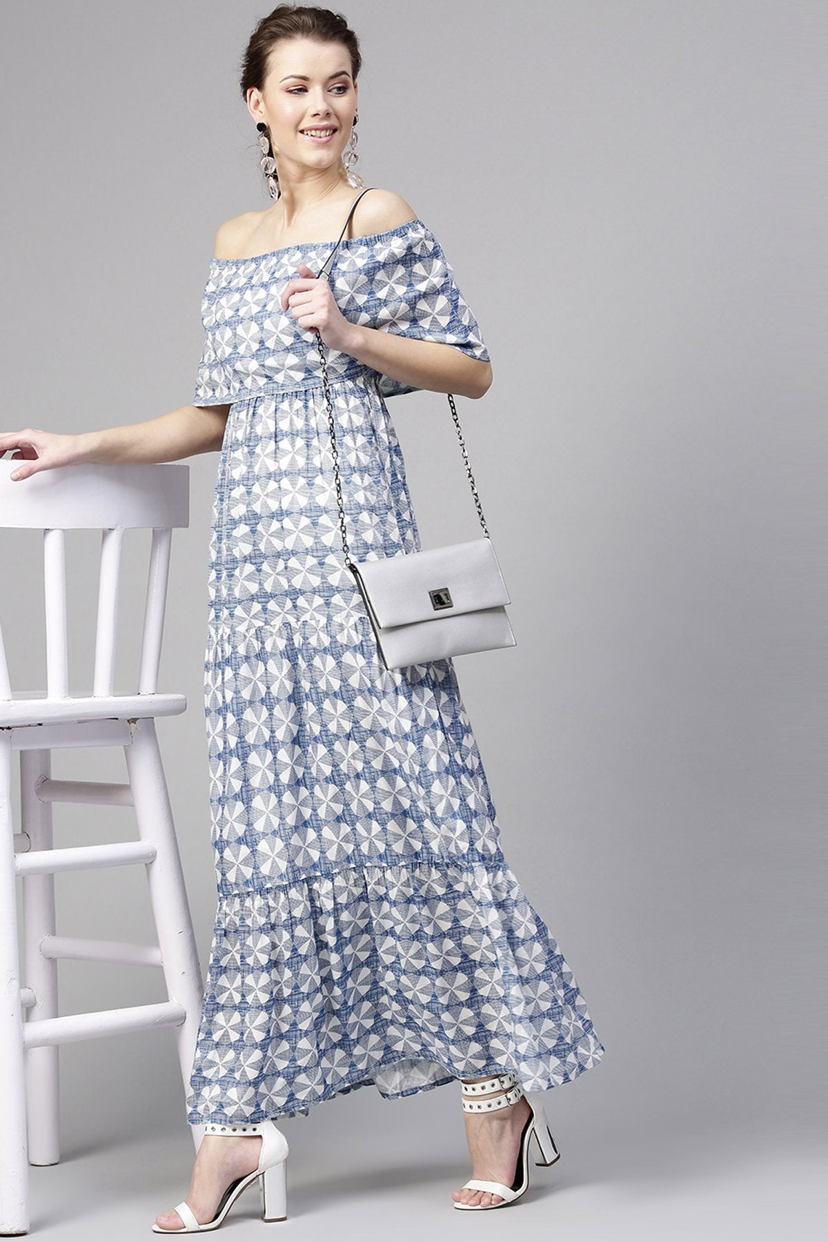 Women's Blue Geo Print Off Shoulder Tiered Maxi