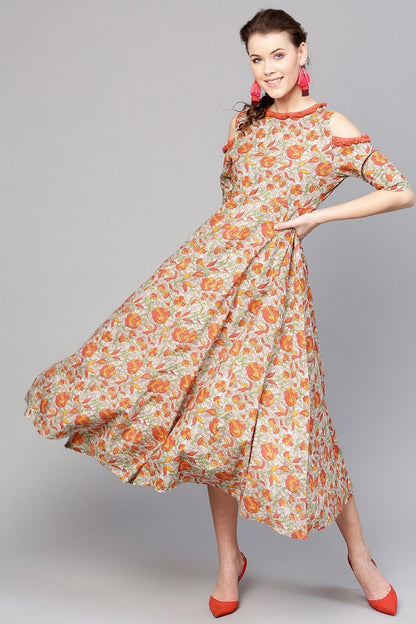 Women's Grey Orange Floral Cold Shoulder Maxi