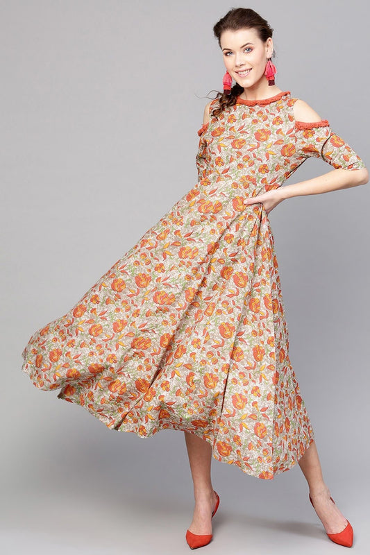Women's Grey Orange Floral Cold Shoulder Maxi