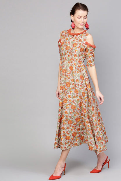 Women's Grey Orange Floral Cold Shoulder Maxi