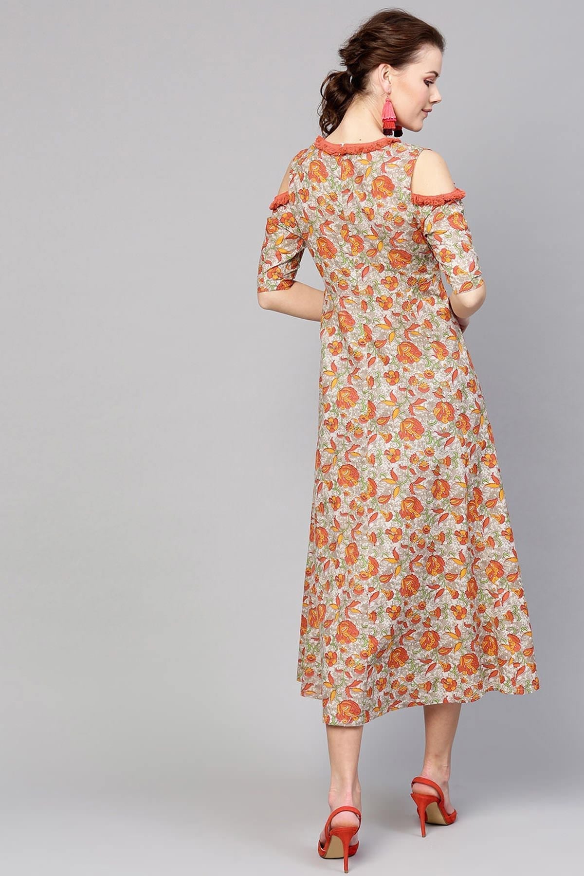 Women's Grey Orange Floral Cold Shoulder Maxi