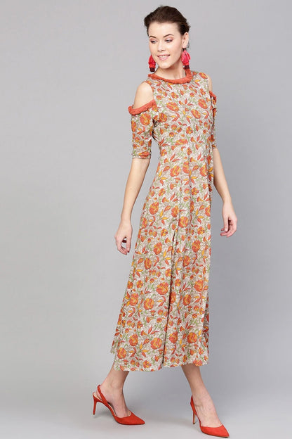 Women's Grey Orange Floral Cold Shoulder Maxi
