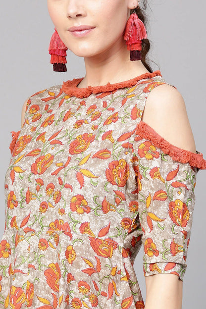 Women's Grey Orange Floral Cold Shoulder Maxi
