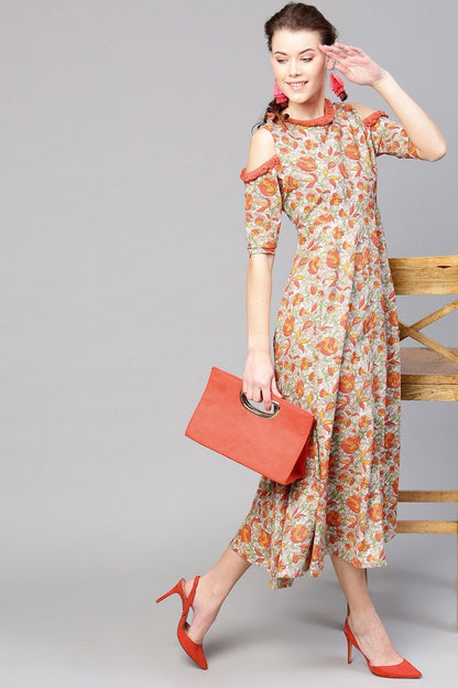 Women's Grey Orange Floral Cold Shoulder Maxi
