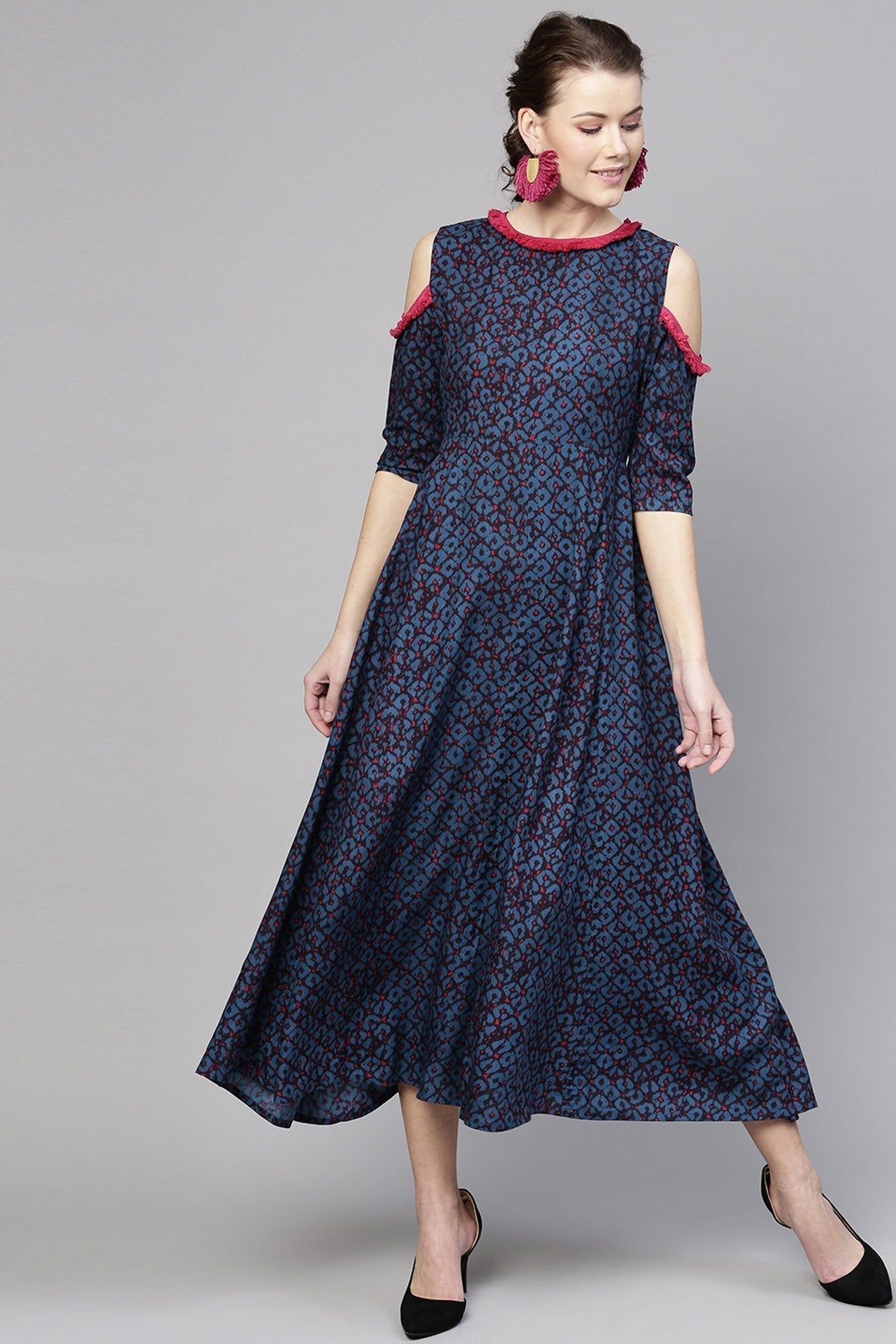 Women's Navy Geo Print Cold Shoulder Maxi
