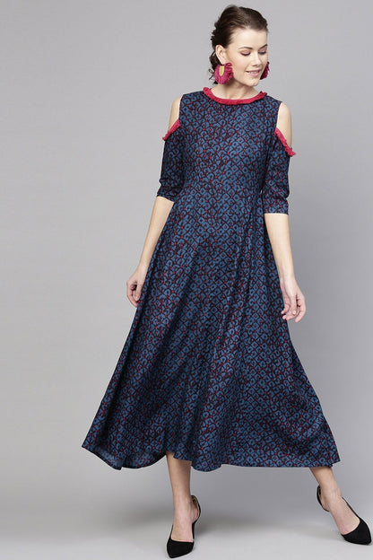 Women's Navy Geo Print Cold Shoulder Maxi