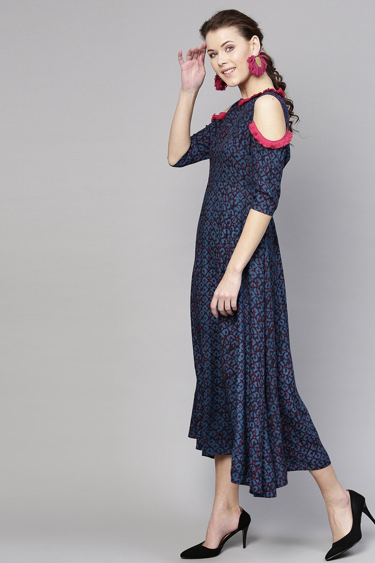 Women's Navy Geo Print Cold Shoulder Maxi