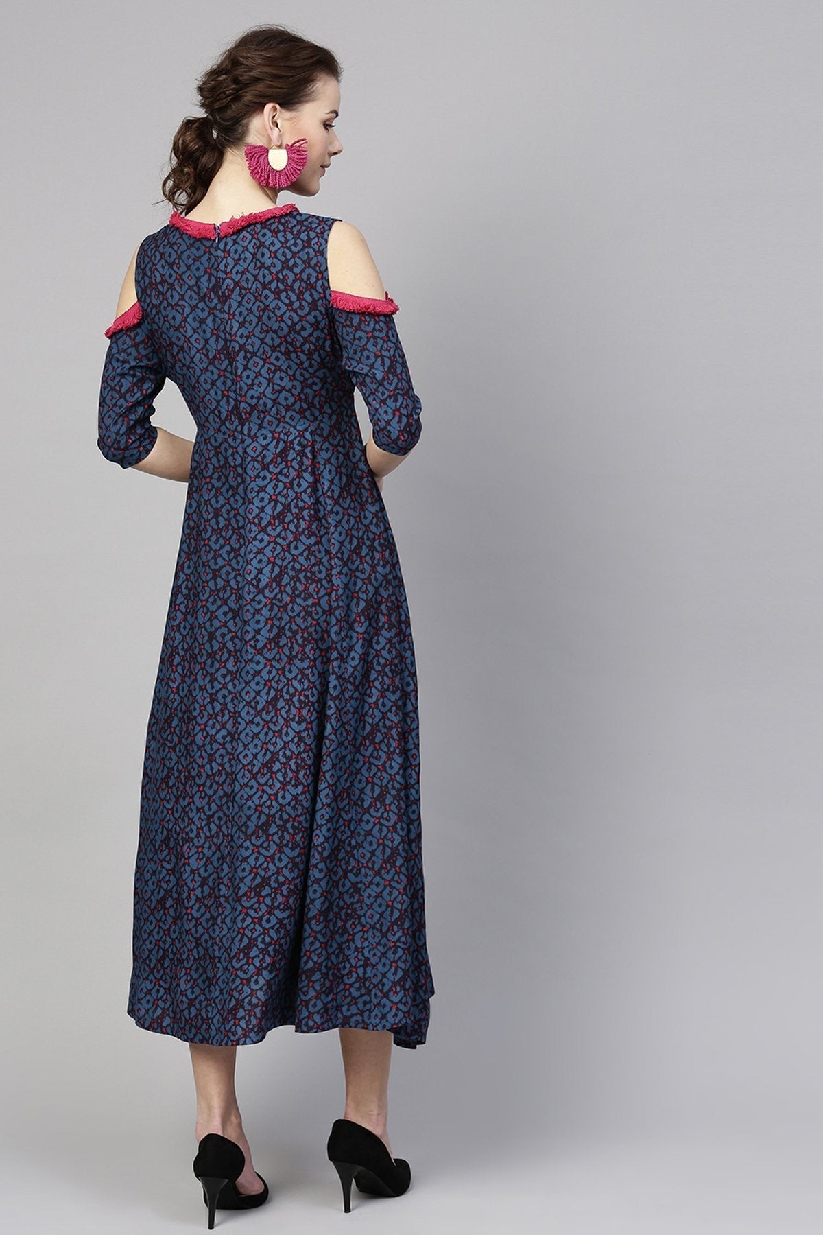 Women's Navy Geo Print Cold Shoulder Maxi
