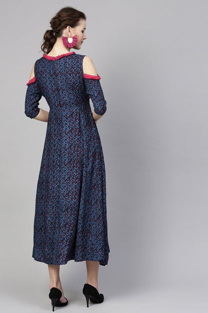 Women's Navy Geo Print Cold Shoulder Maxi