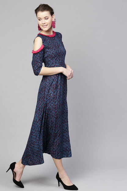Women's Navy Geo Print Cold Shoulder Maxi