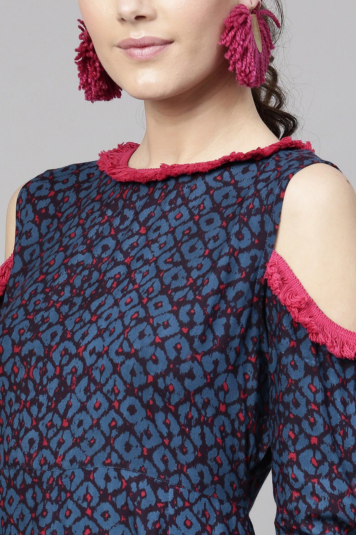 Women's Navy Geo Print Cold Shoulder Maxi