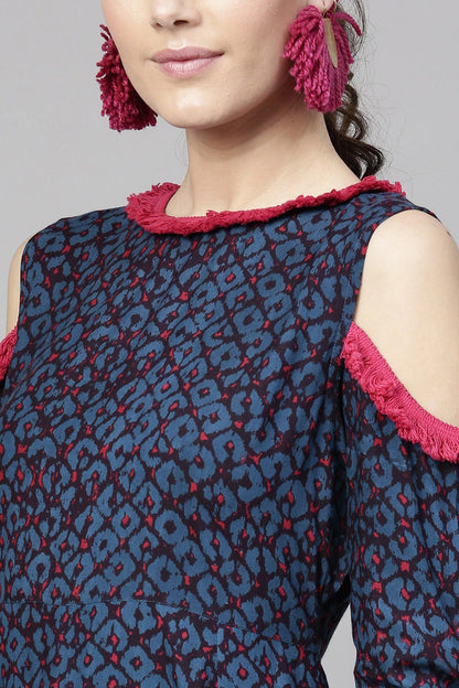 Women's Navy Geo Print Cold Shoulder Maxi