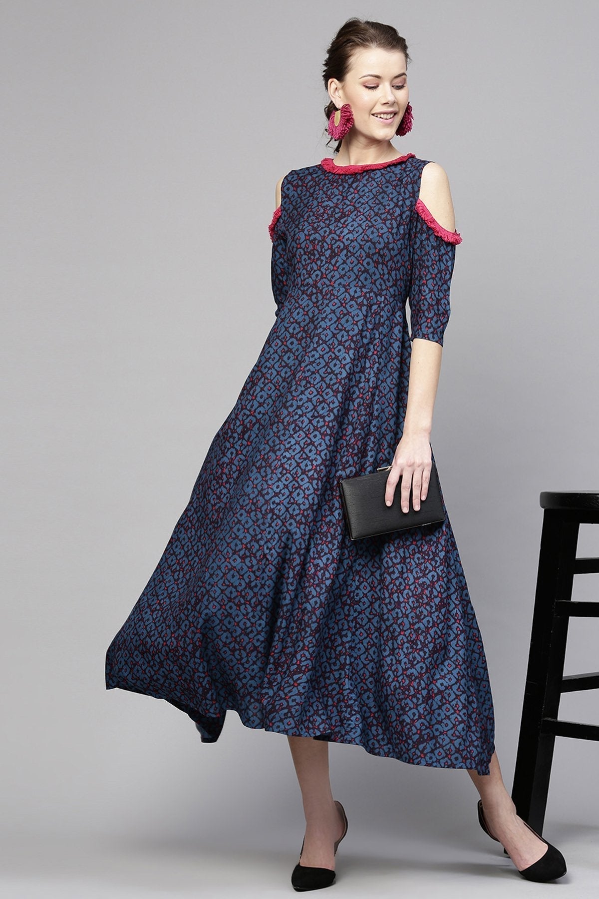 Women's Navy Geo Print Cold Shoulder Maxi