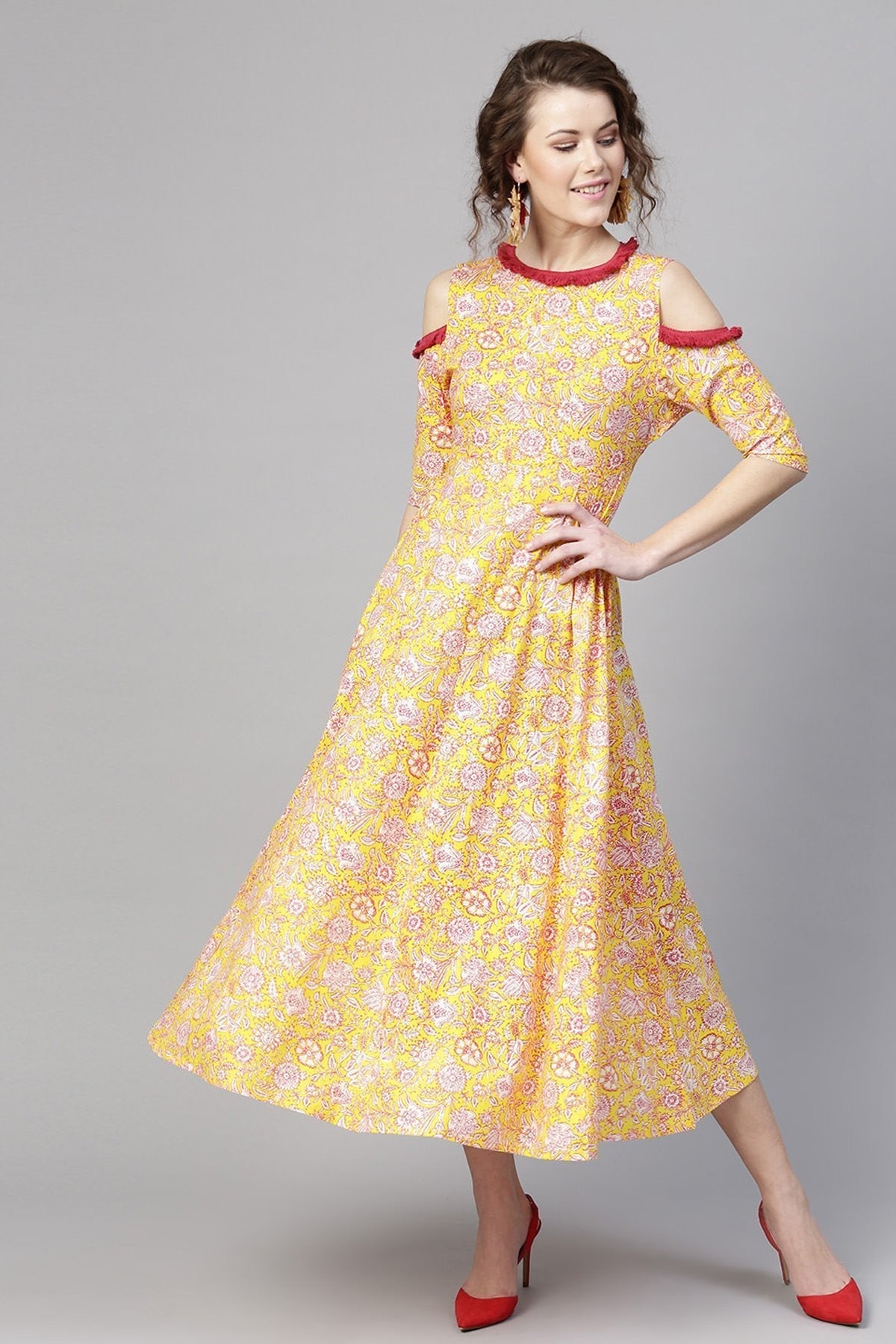 Women's Yellow Pink Floral Cold Shoulder Maxi