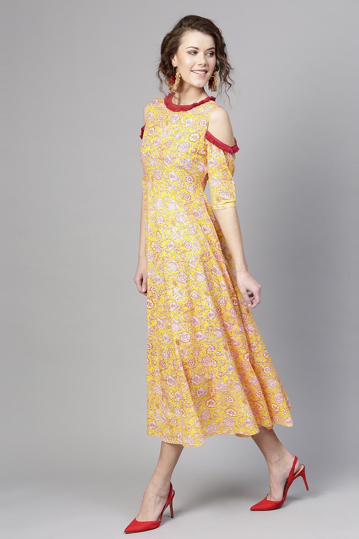 Women's Yellow Pink Floral Cold Shoulder Maxi