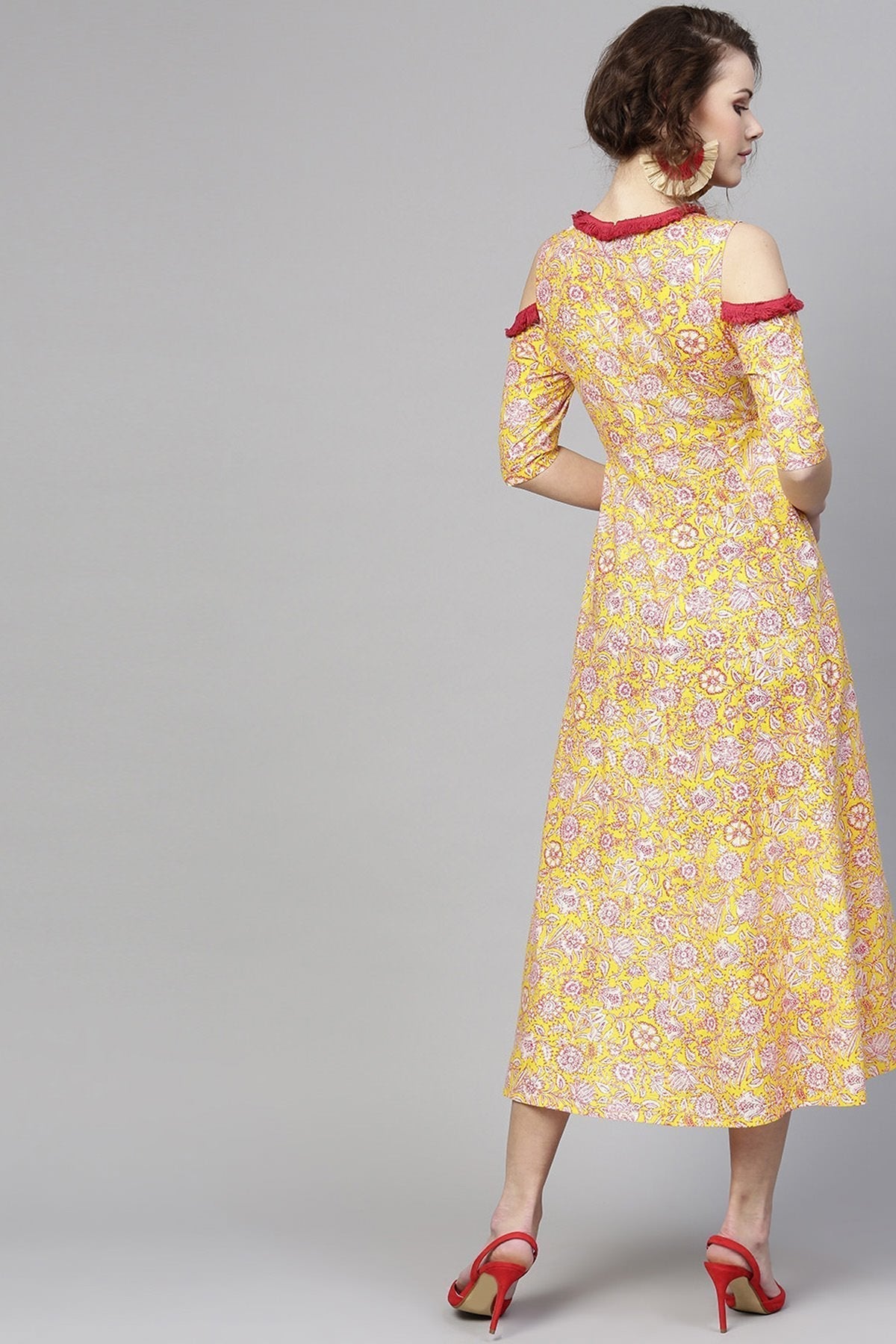 Women's Yellow Pink Floral Cold Shoulder Maxi