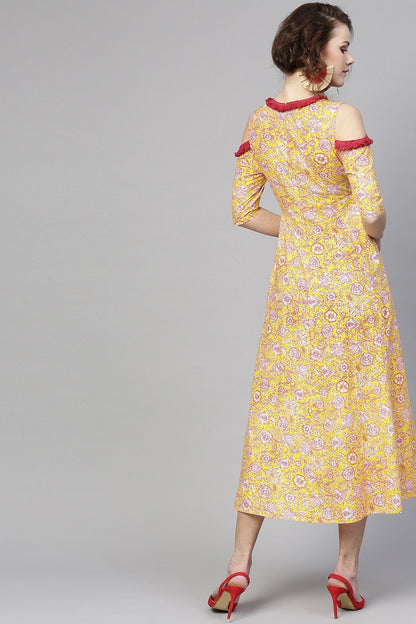 Women's Yellow Pink Floral Cold Shoulder Maxi