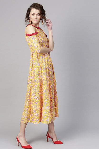 Women's Yellow Pink Floral Cold Shoulder Maxi
