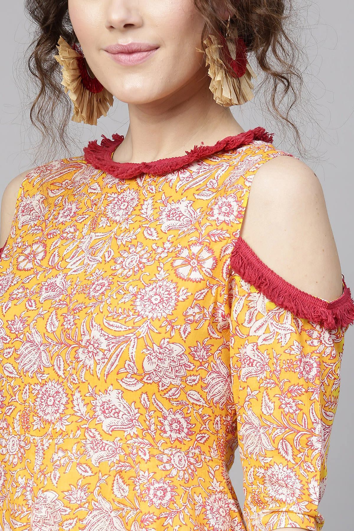 Women's Yellow Pink Floral Cold Shoulder Maxi