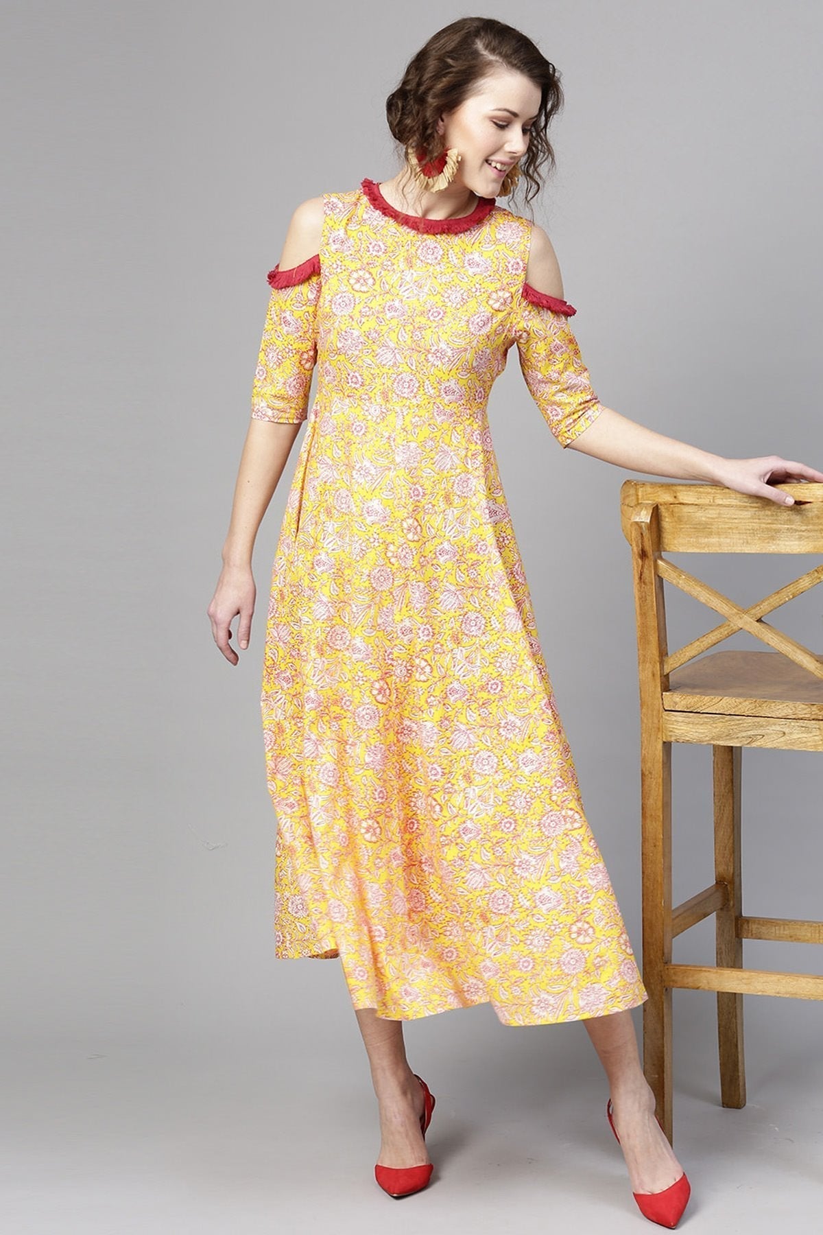 Women's Yellow Pink Floral Cold Shoulder Maxi