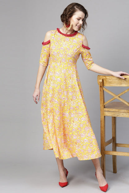 Women's Yellow Pink Floral Cold Shoulder Maxi