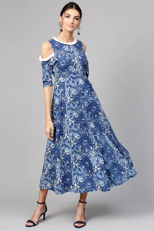 Women's Indigo Floral Cold Shoulder Maxi
