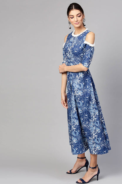 Women's Indigo Floral Cold Shoulder Maxi