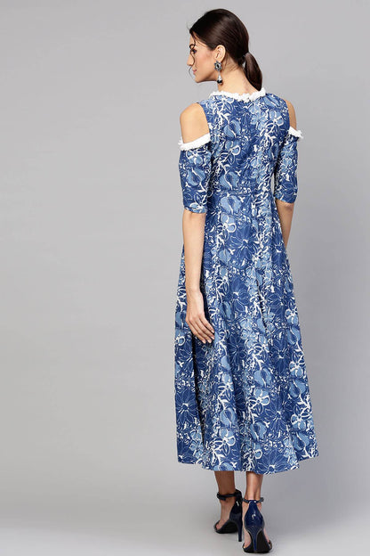 Women's Indigo Floral Cold Shoulder Maxi