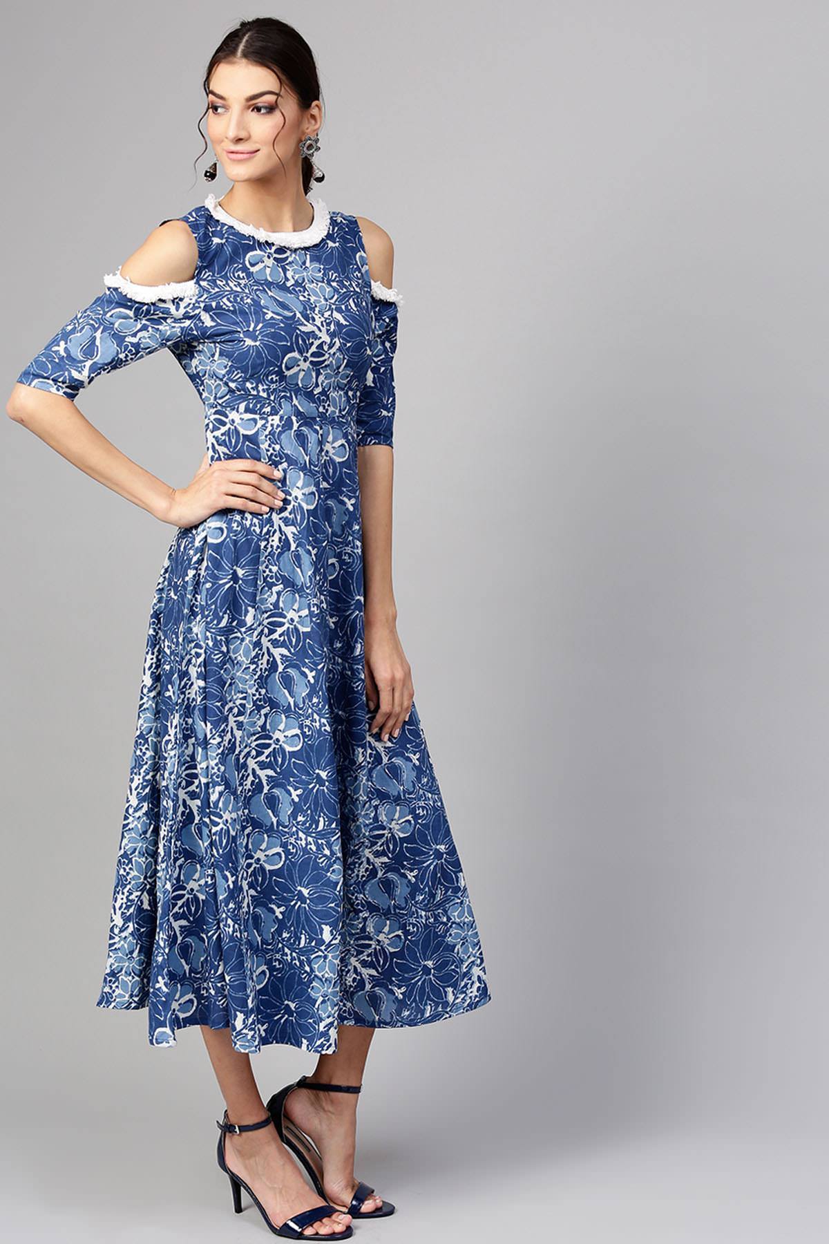 Women's Indigo Floral Cold Shoulder Maxi
