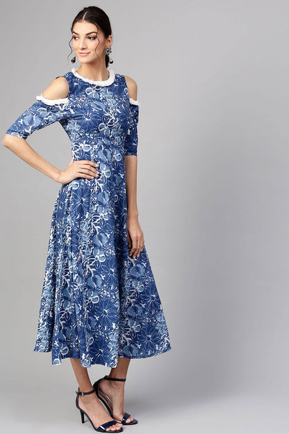 Women's Indigo Floral Cold Shoulder Maxi