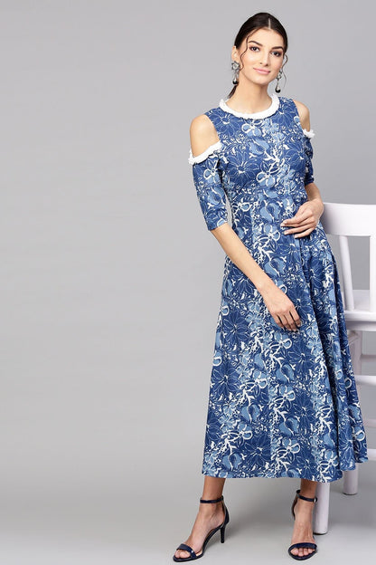 Women's Indigo Floral Cold Shoulder Maxi