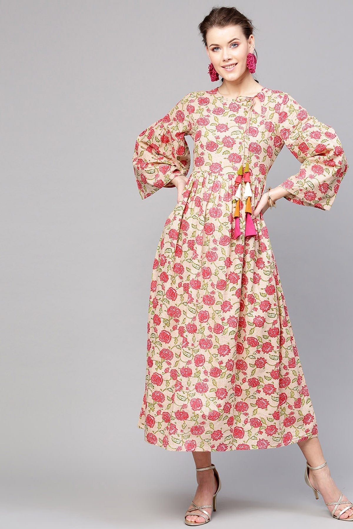Women's Beige Pink Floral Front Tassel Gathered Maxi