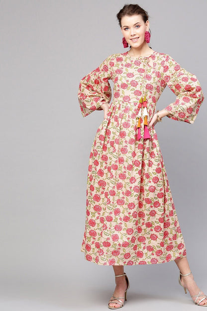 Women's Beige Pink Floral Front Tassel Gathered Maxi