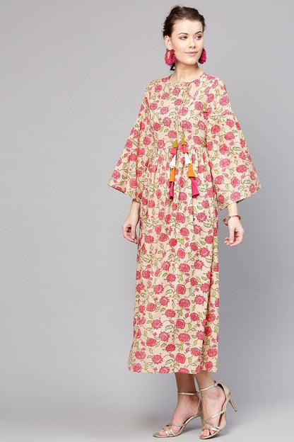 Women's Beige Pink Floral Front Tassel Gathered Maxi