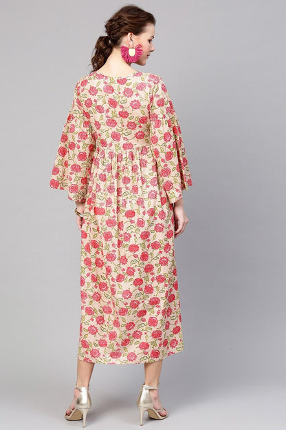Women's Beige Pink Floral Front Tassel Gathered Maxi