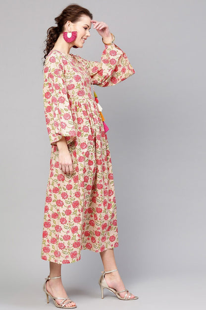 Women's Beige Pink Floral Front Tassel Gathered Maxi
