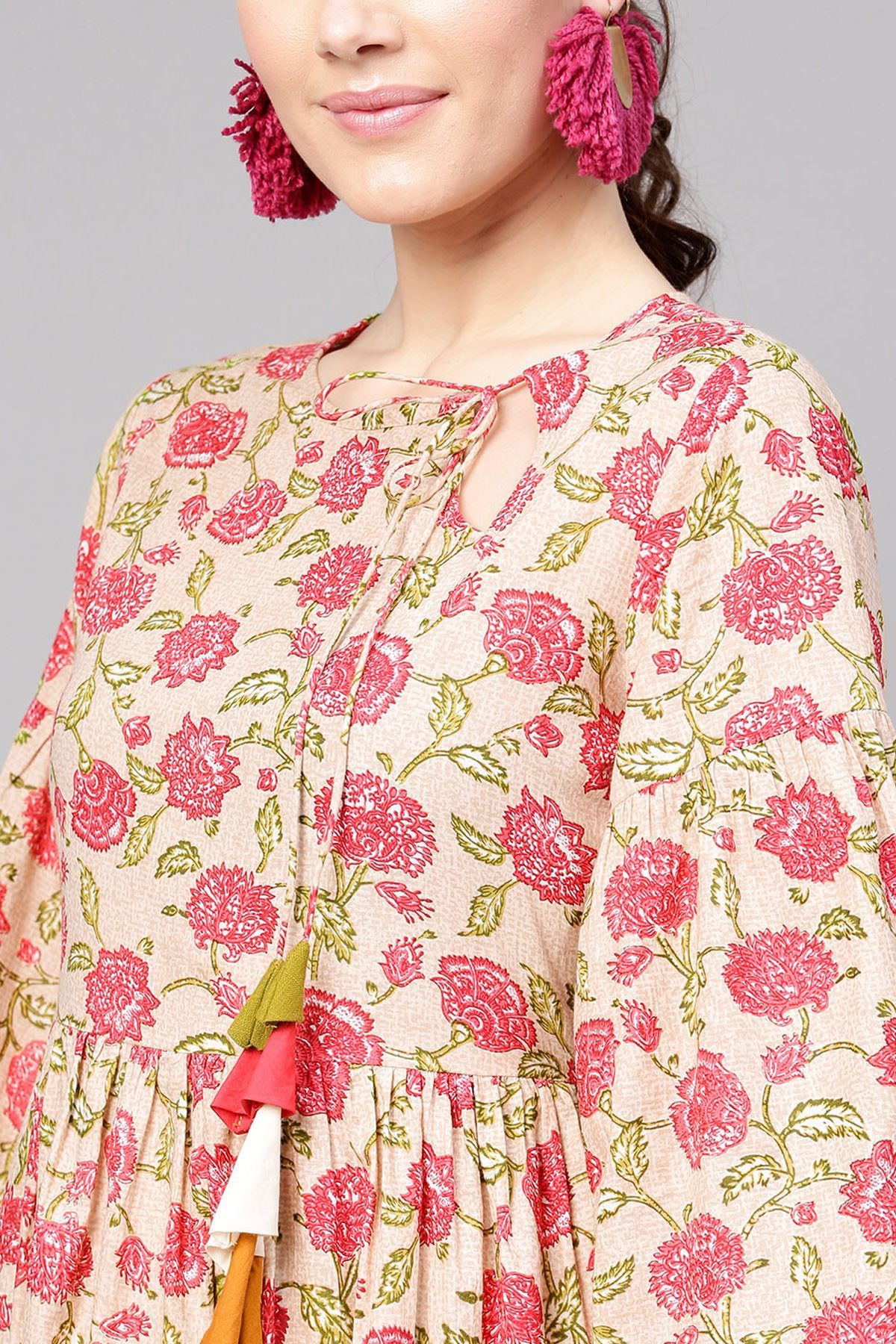 Women's Beige Pink Floral Front Tassel Gathered Maxi