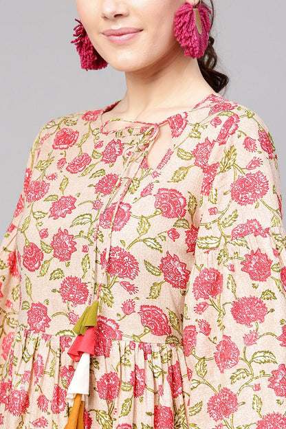 Women's Beige Pink Floral Front Tassel Gathered Maxi