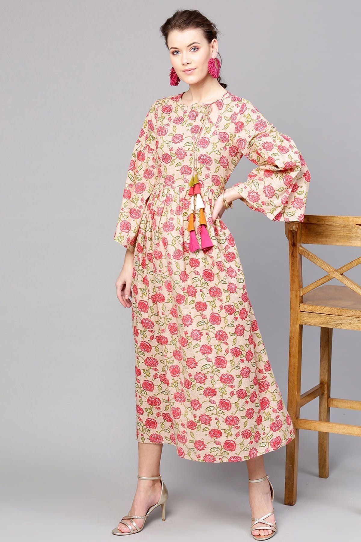 Women's Beige Pink Floral Front Tassel Gathered Maxi
