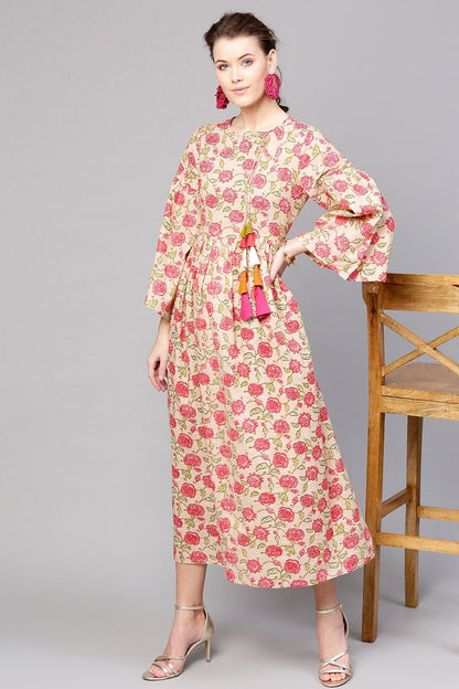 Women's Beige Pink Floral Front Tassel Gathered Maxi