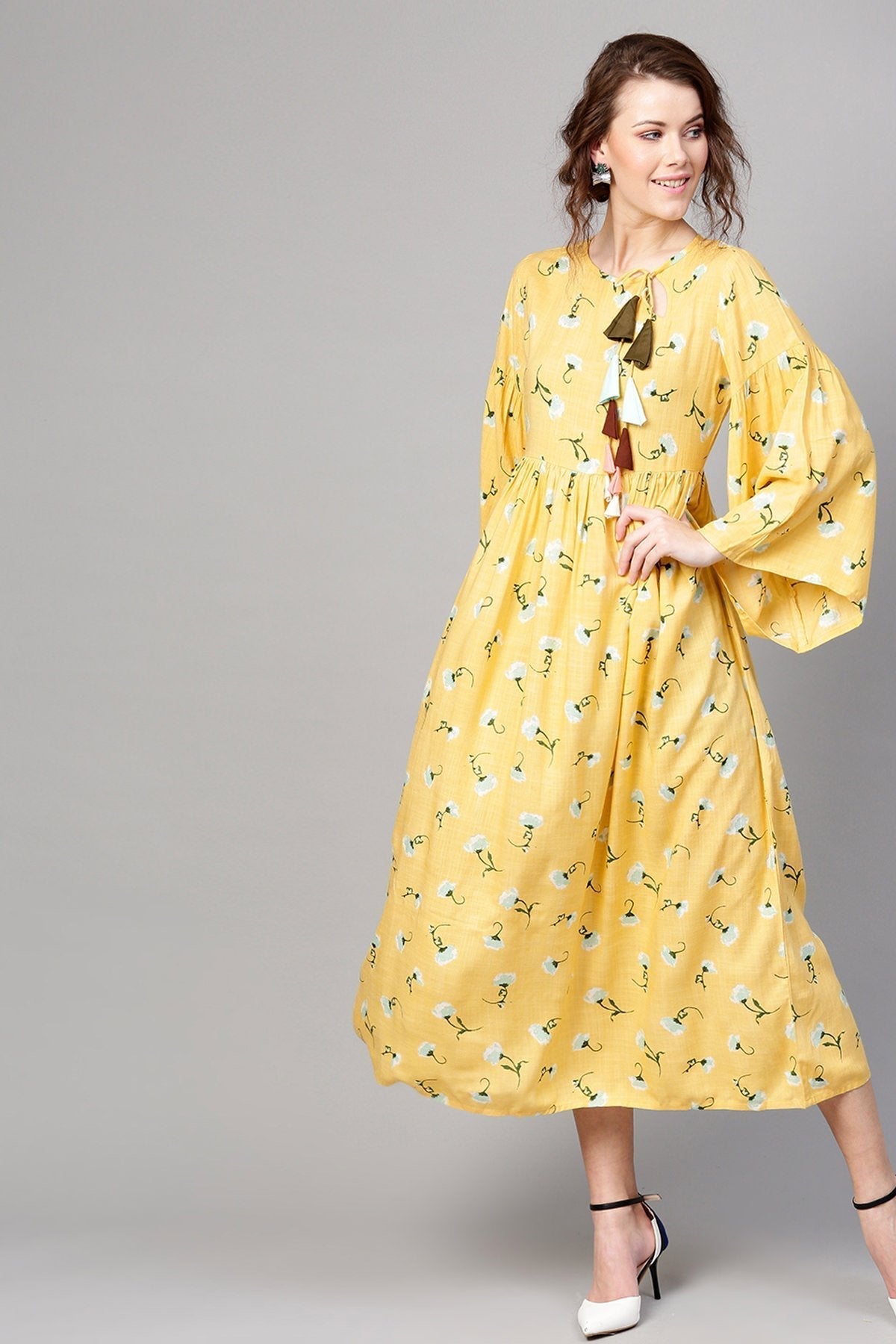 Women's Yellow Blue Floral Front Tassel Gathered Maxi