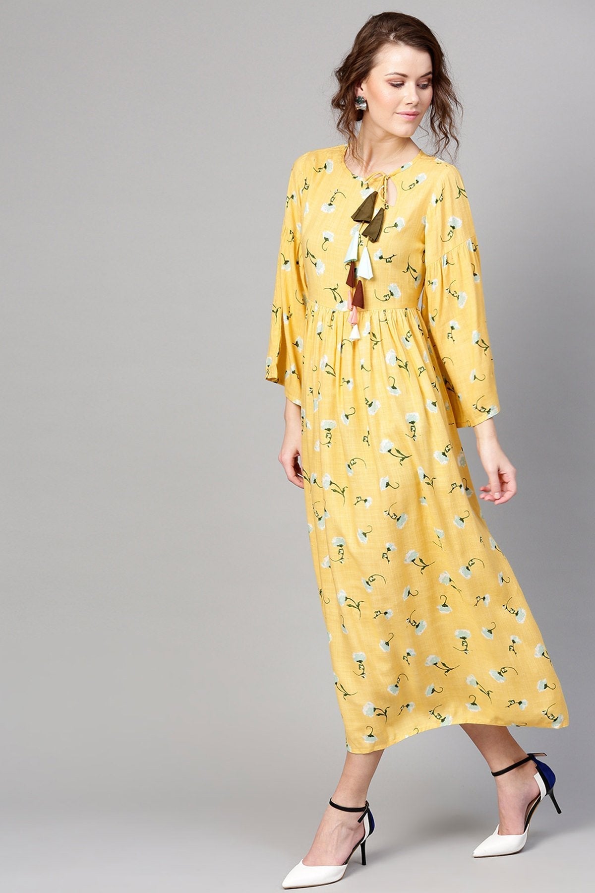 Women's Yellow Blue Floral Front Tassel Gathered Maxi